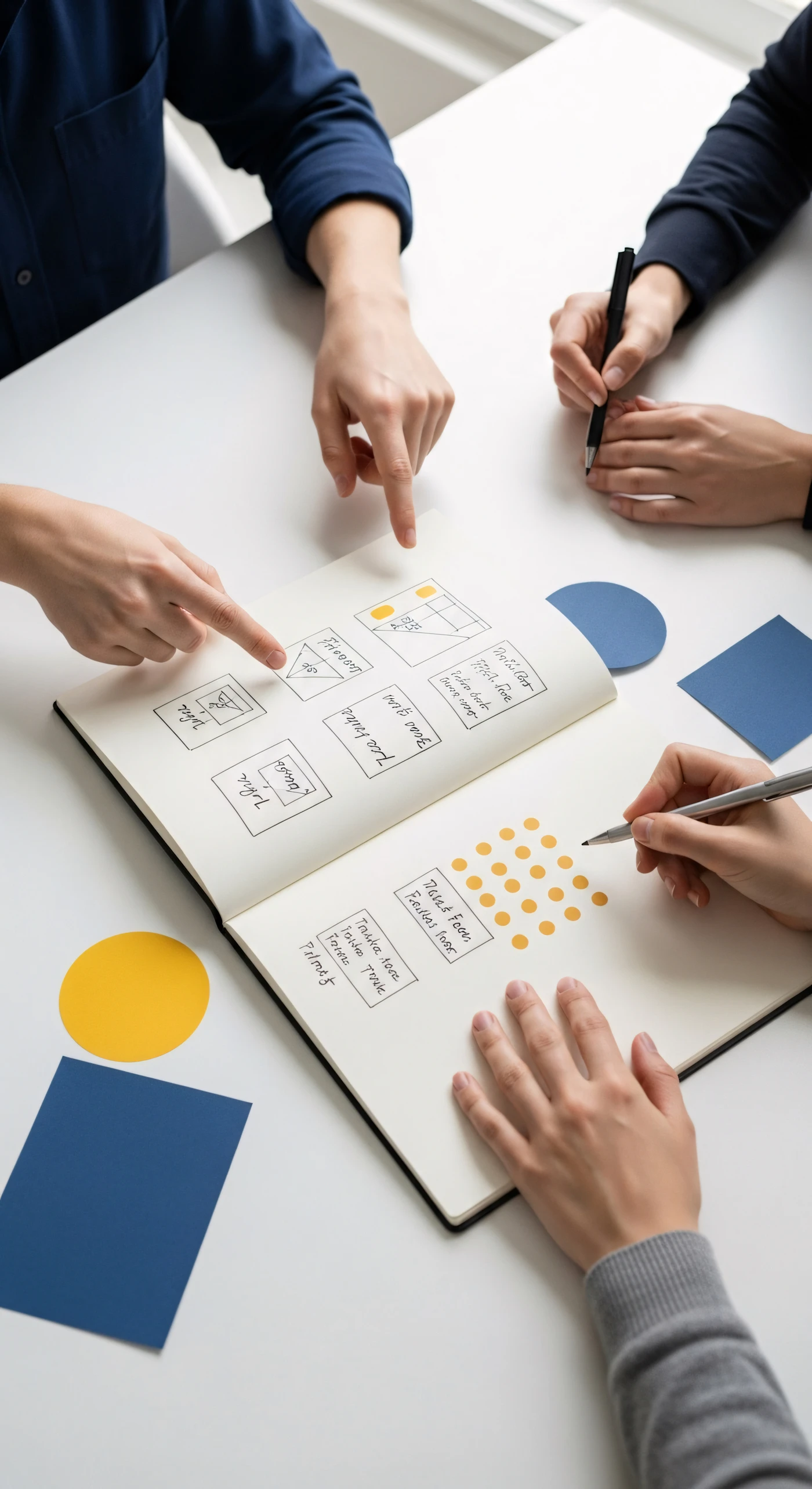 Three people sketching ideas in a notebook around a white table