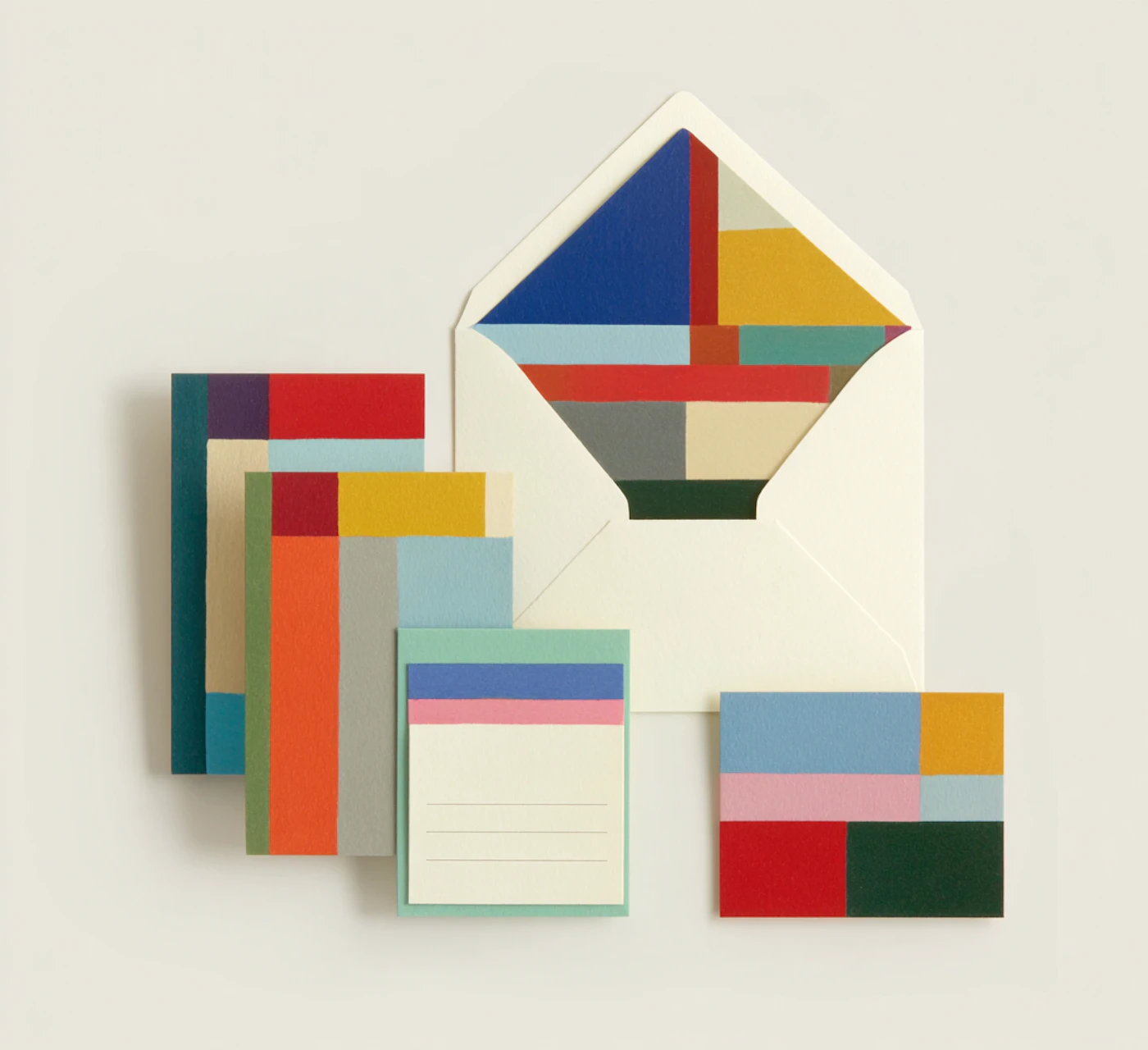 A stationery set of cards and an envelope printed with bold geometric shapes