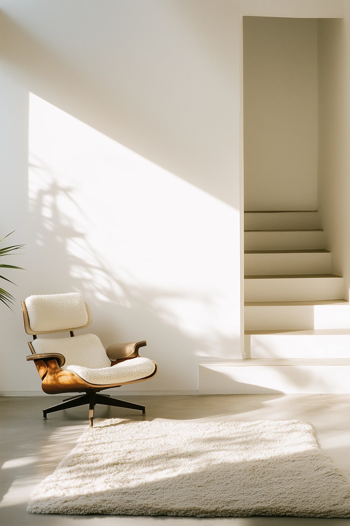 A modern lounge chair on a soft rug beside white stairs in warm light