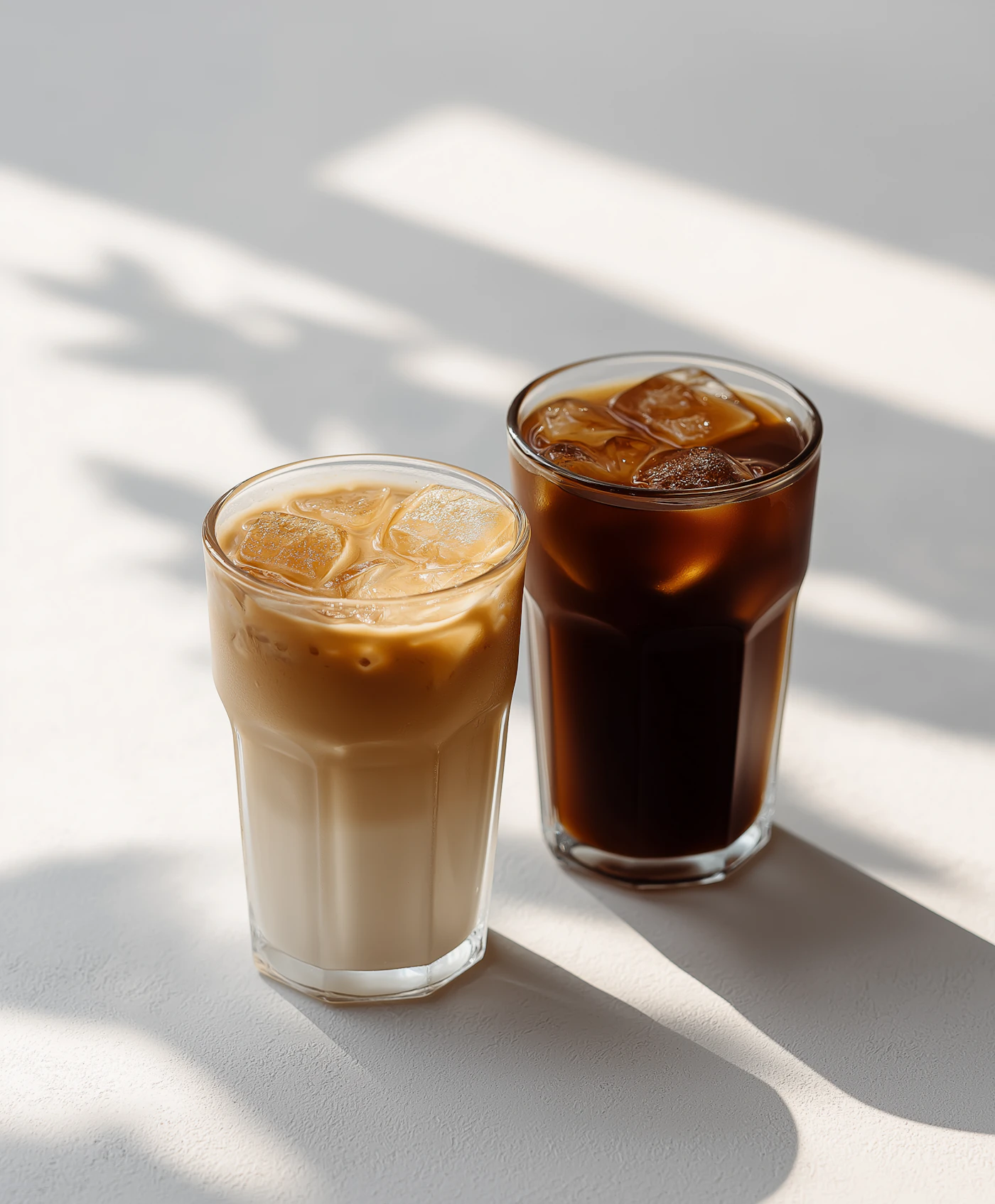 Two iced coffees, one black and one with milk, in clear glasses on a white surface