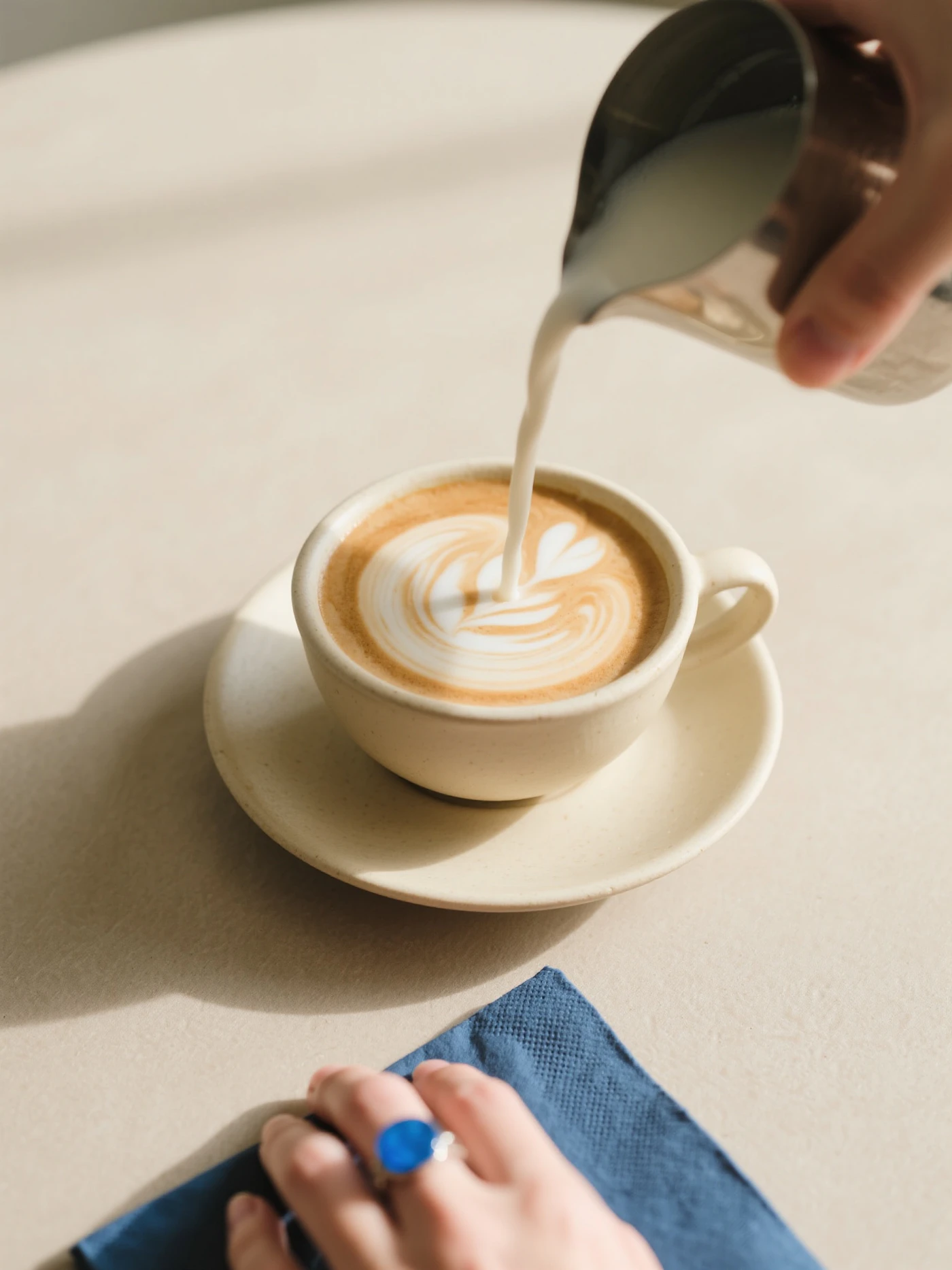 Milk being poured into a latte beside a hand resting on a napkin