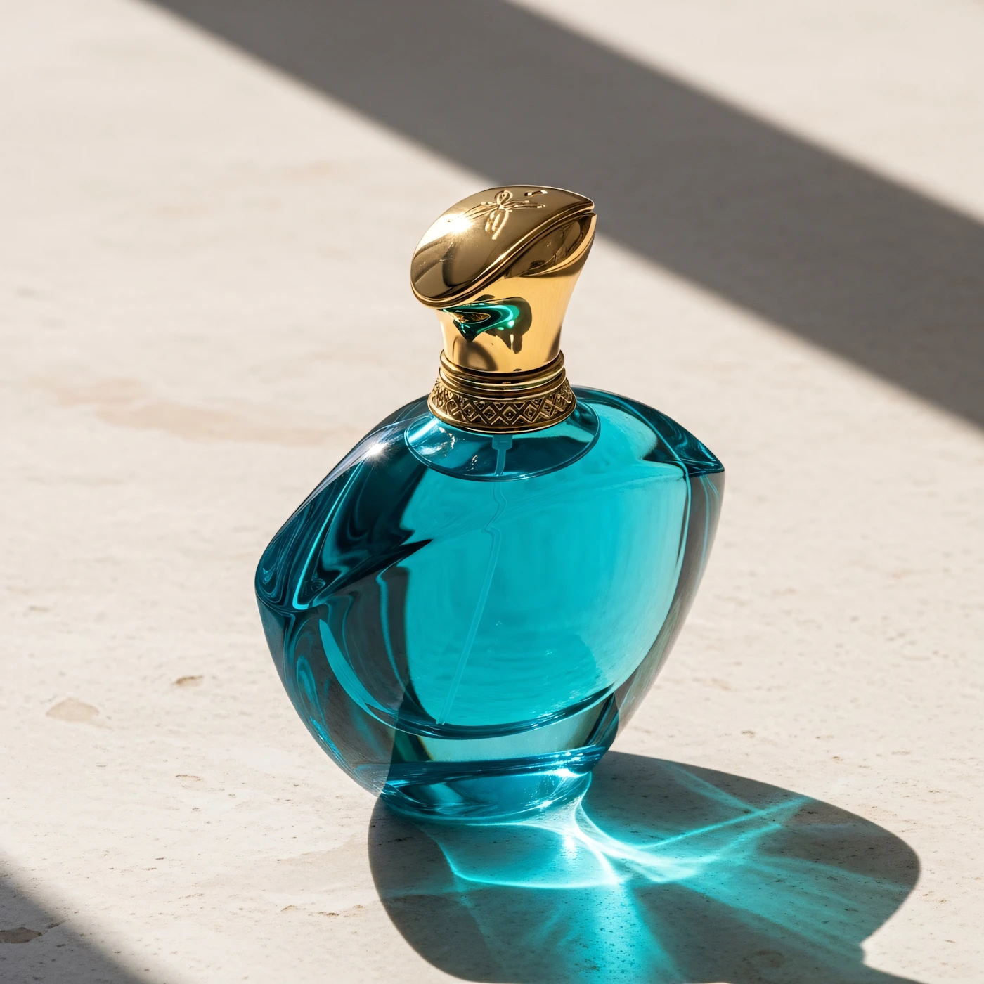 A blue glass perfume bottle with a gold cap catching the light on a neutral surface