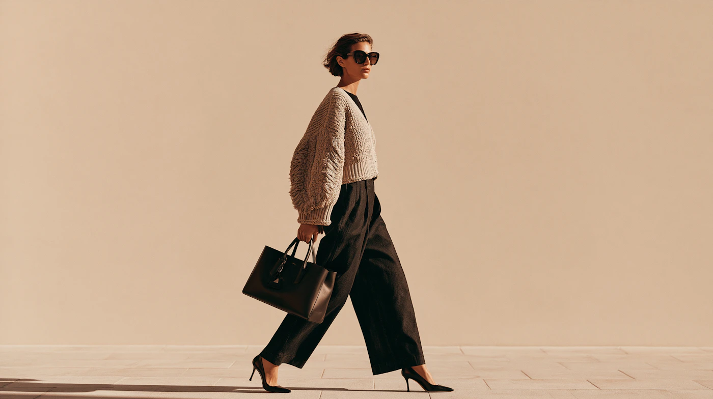 A model in a beige knit and black trousers walking with a black handbag