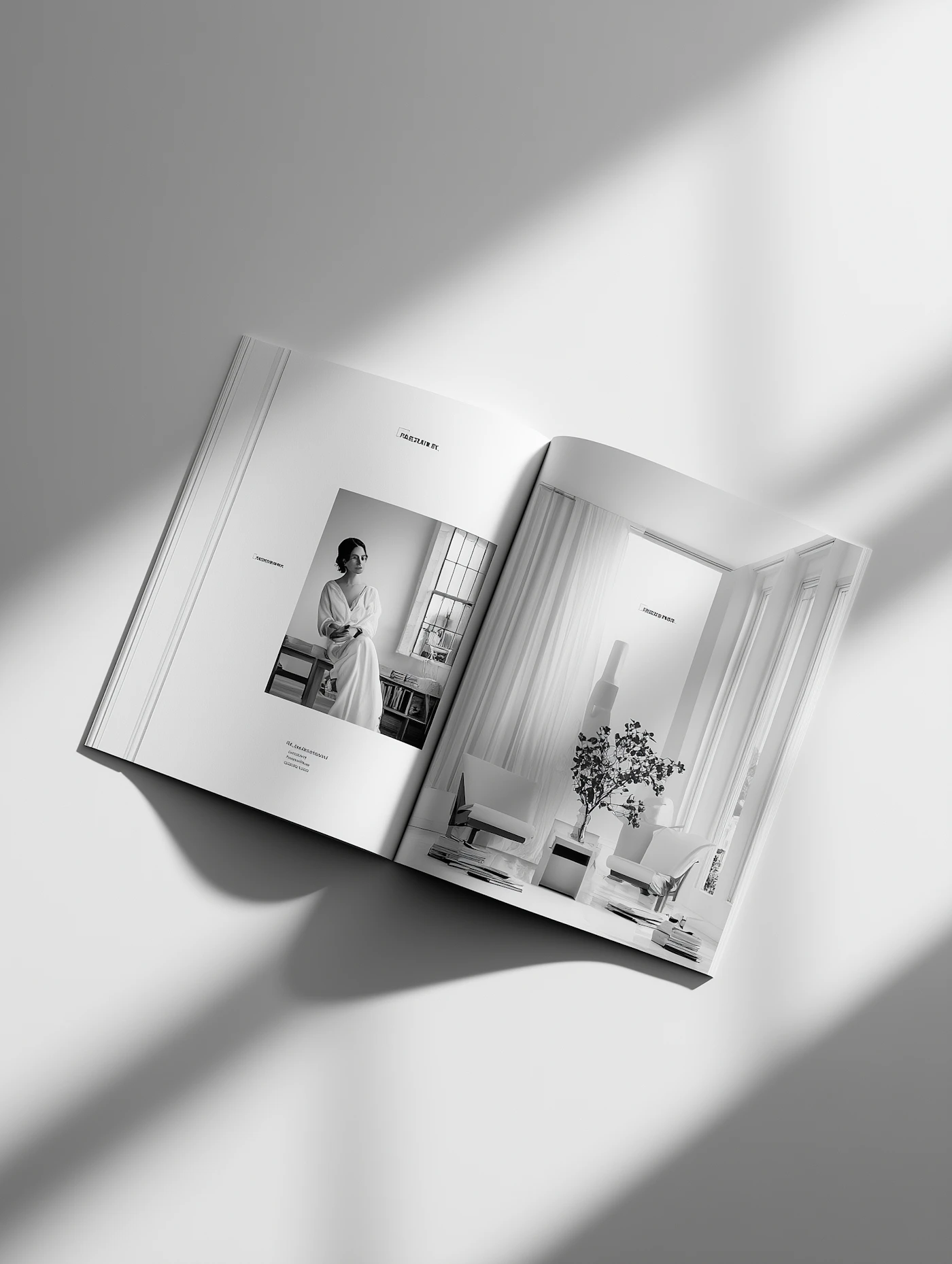 An open magazine with a portrait and an interior photograph in soft natural light