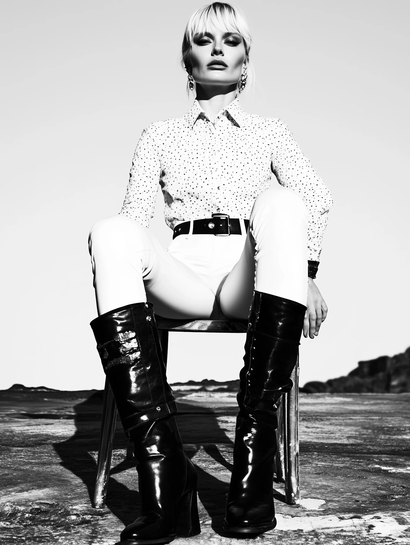 A black and white photograph of a woman in a polka dot shirt, white trousers and glossy boots