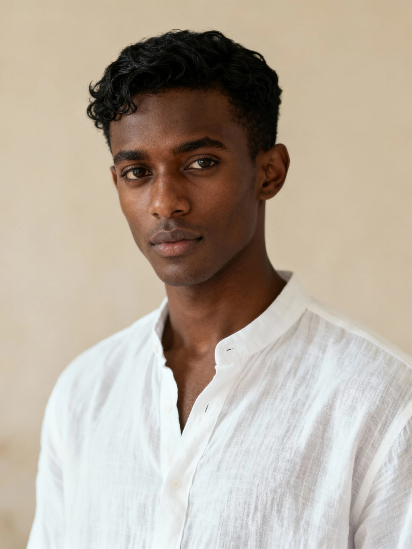 A portrait of a man with short curly hair in a white shirt looking straight at the camera