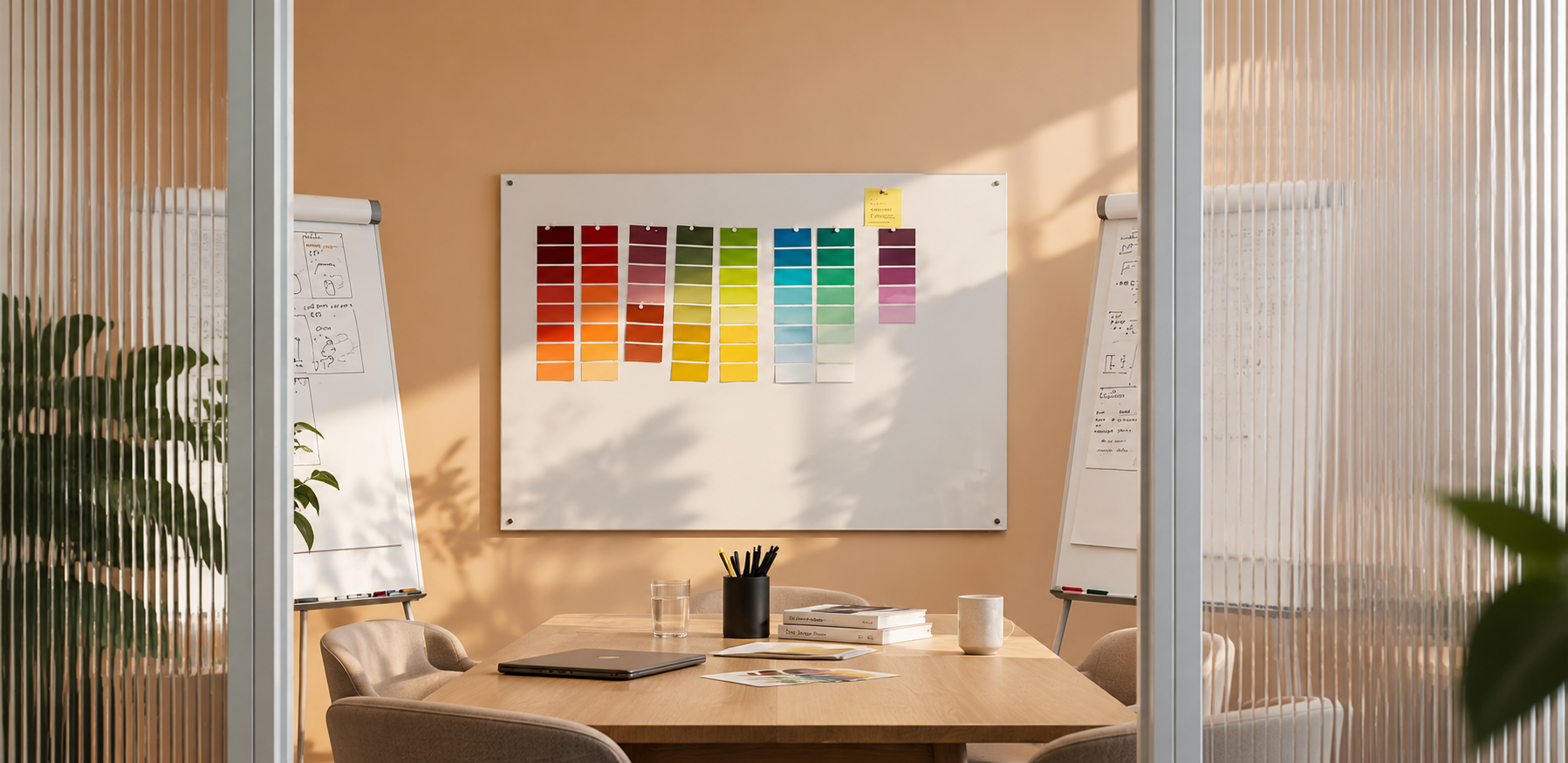 A sunlit meeting room with a colour swatch board, flip charts and a wooden table seen through ribbed glass