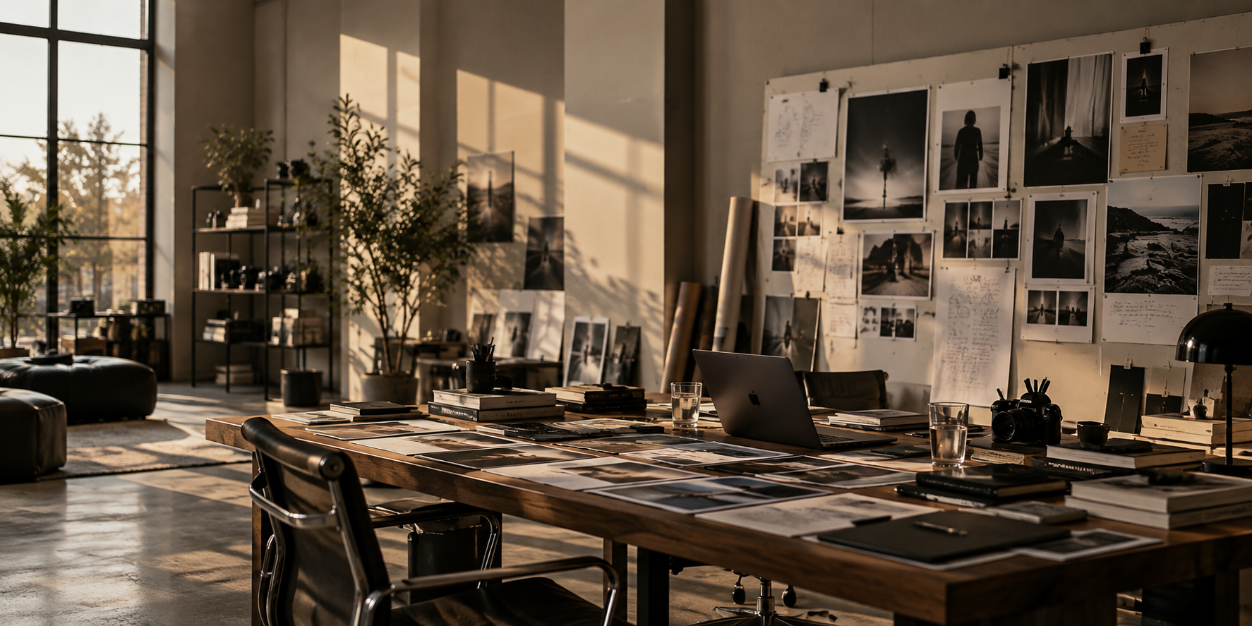 A long studio table covered in prints, books and a laptop in front of a wall of pinned photographs