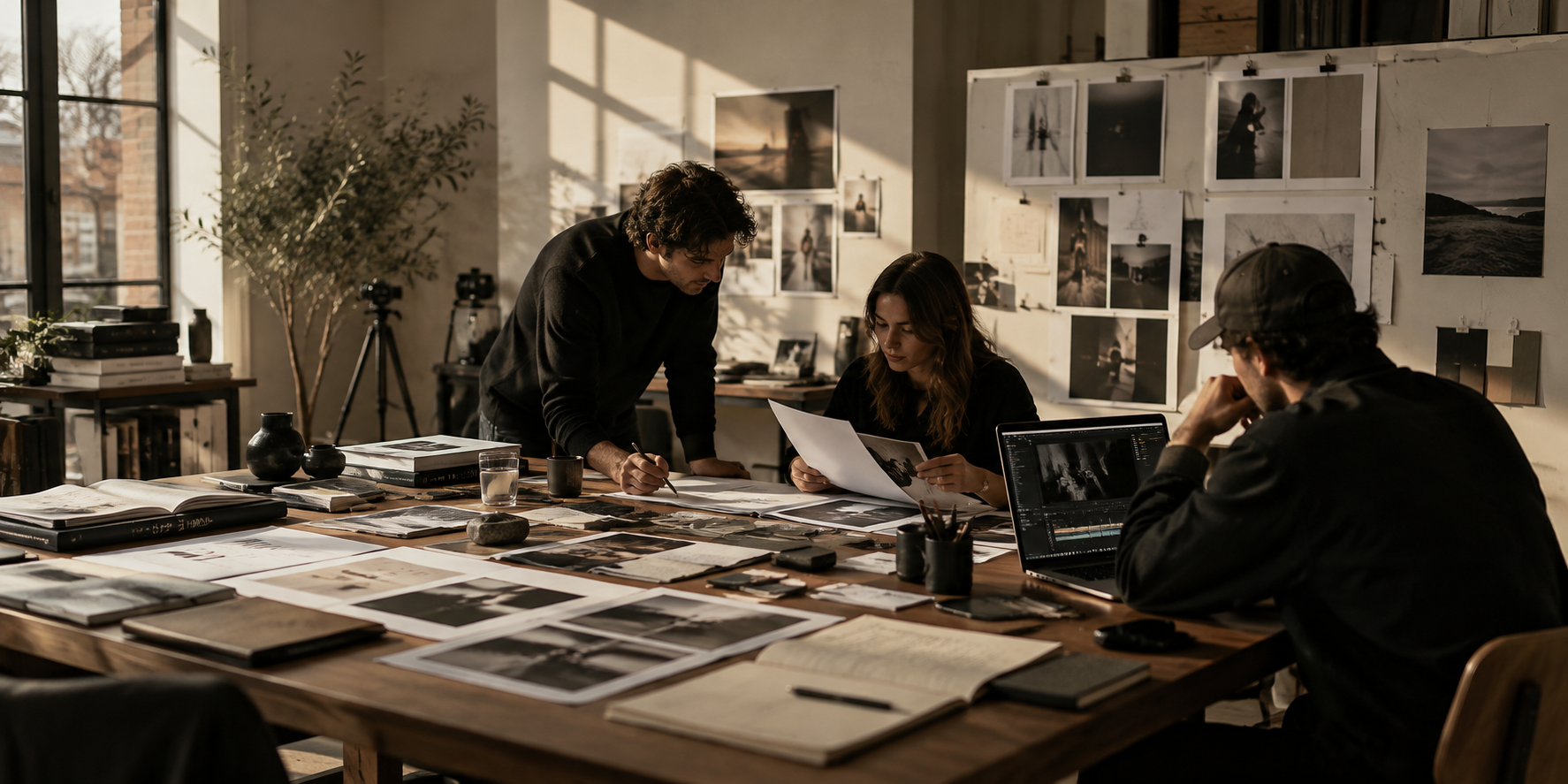 Two members of the team reviewing black and white prints around a long wooden table