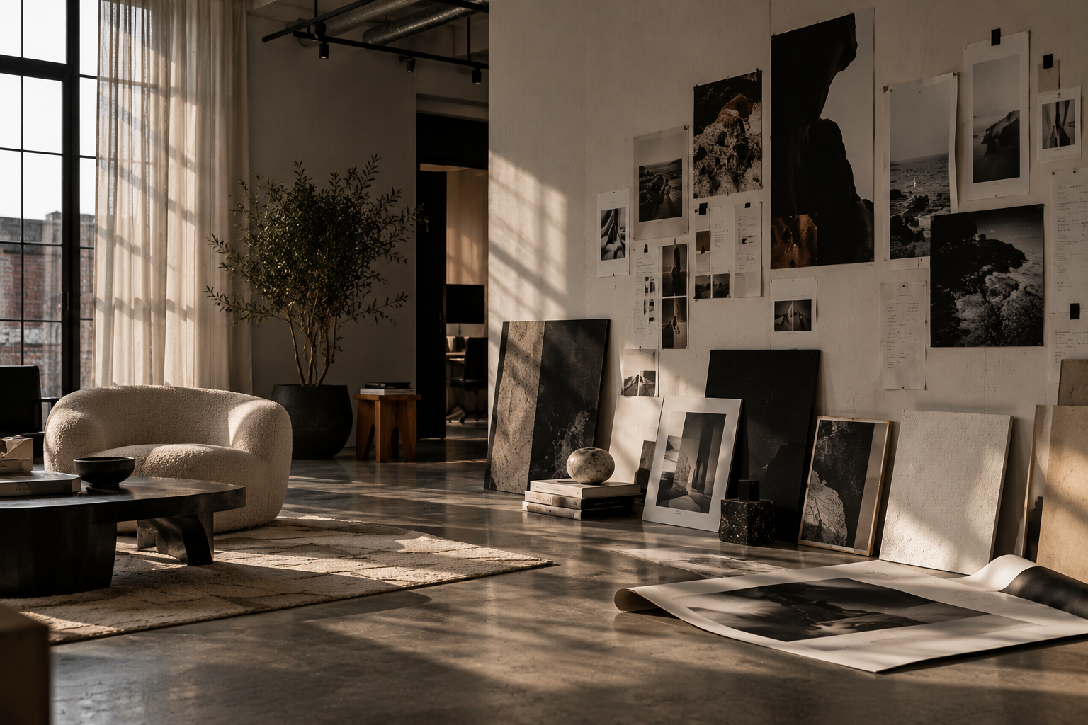 A sunlit studio loft with a curved armchair, an olive tree and black and white prints pinned to the wall