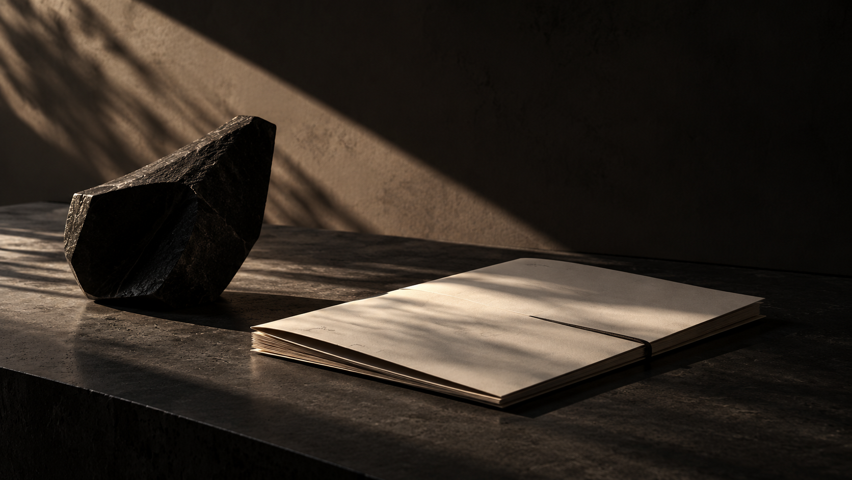 A dark stone beside a closed folder on a shadowed table
