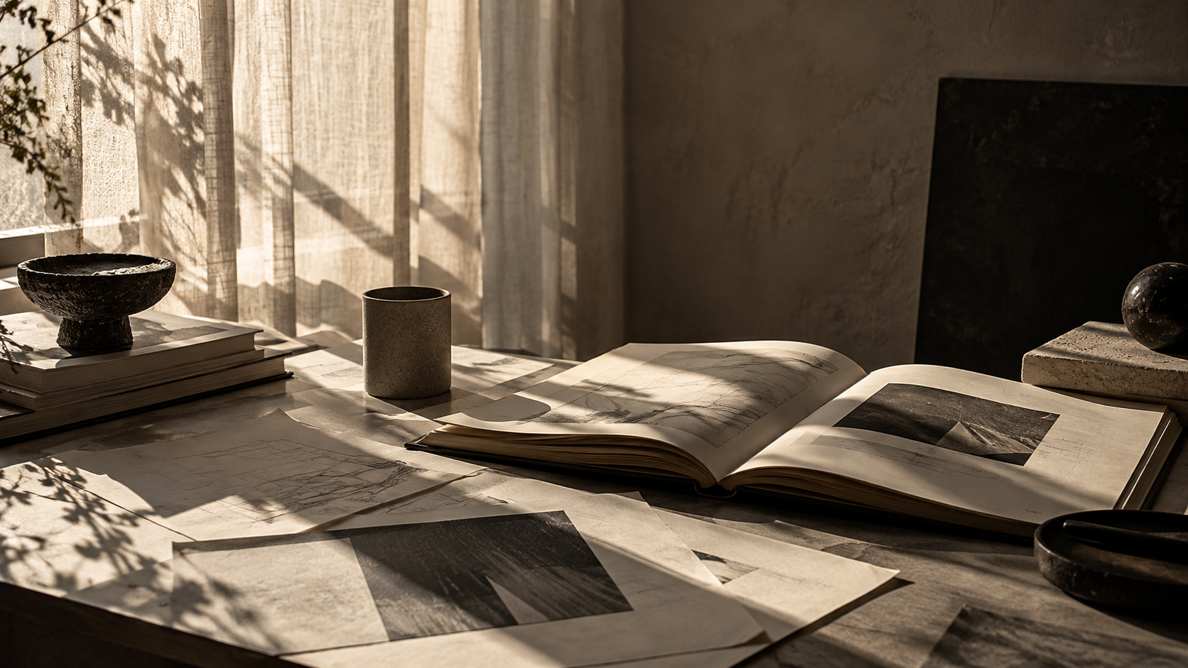 An open book and printed photographs on a desk by a sunlit linen curtain